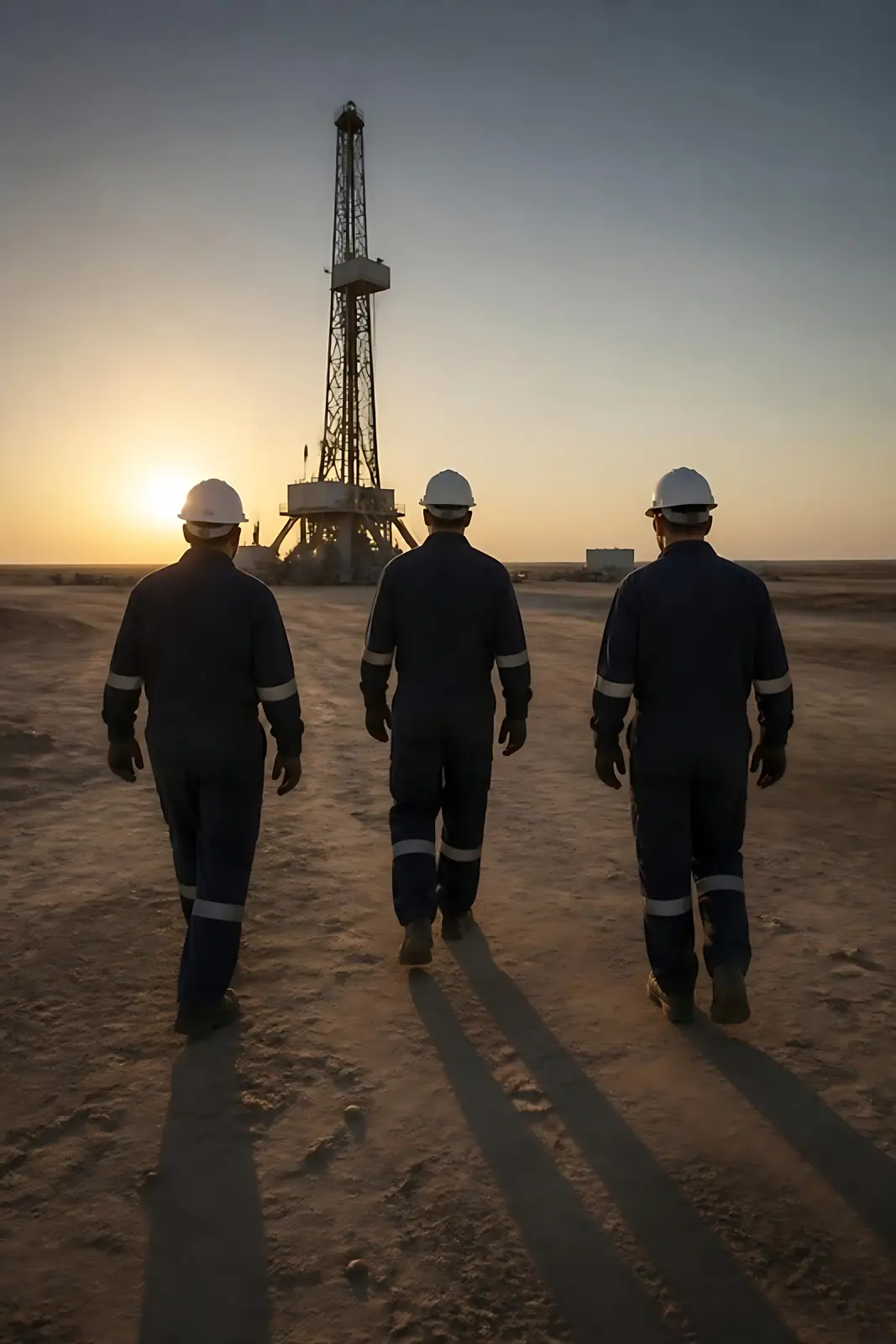 Three field workers walking towards a drilling rig at sunrise