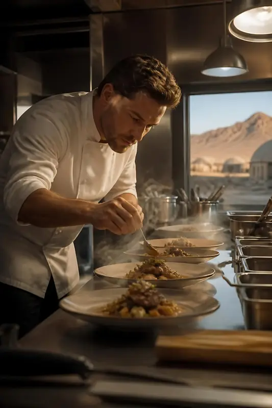 Chef preparing plated meals in a camp kitchen