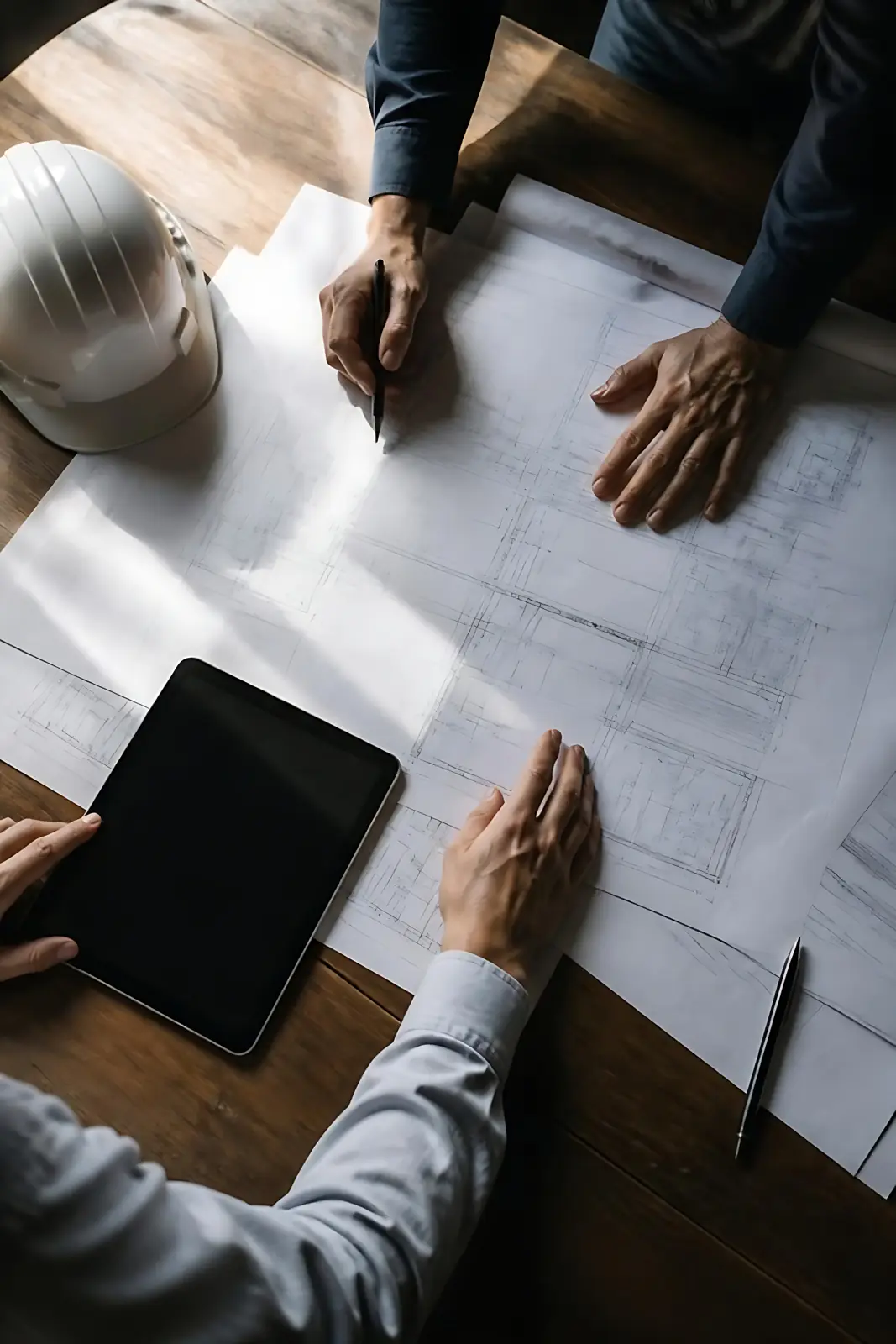 Engineers reviewing technical drawings and a tablet