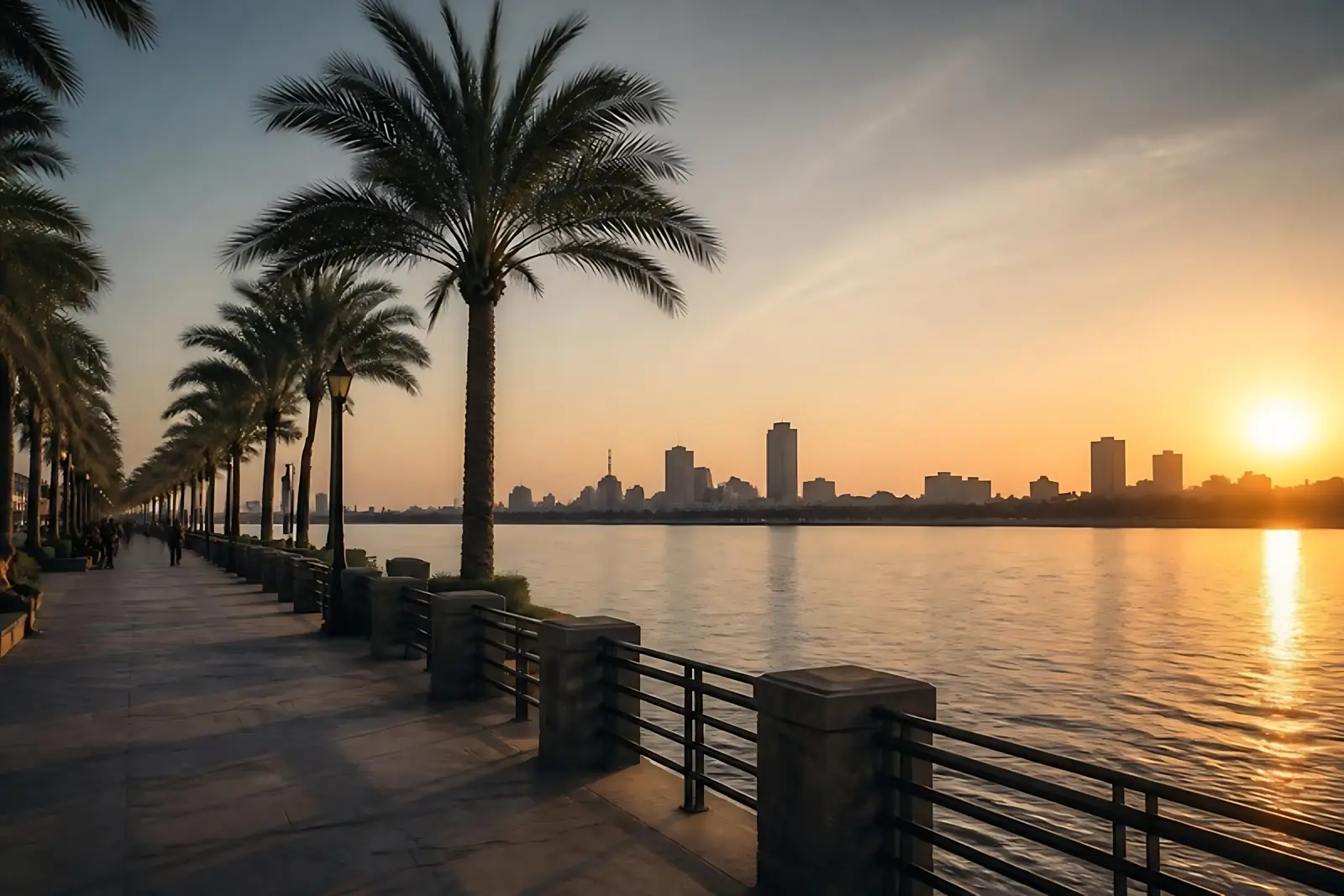 Basra waterfront with palm trees at sunset