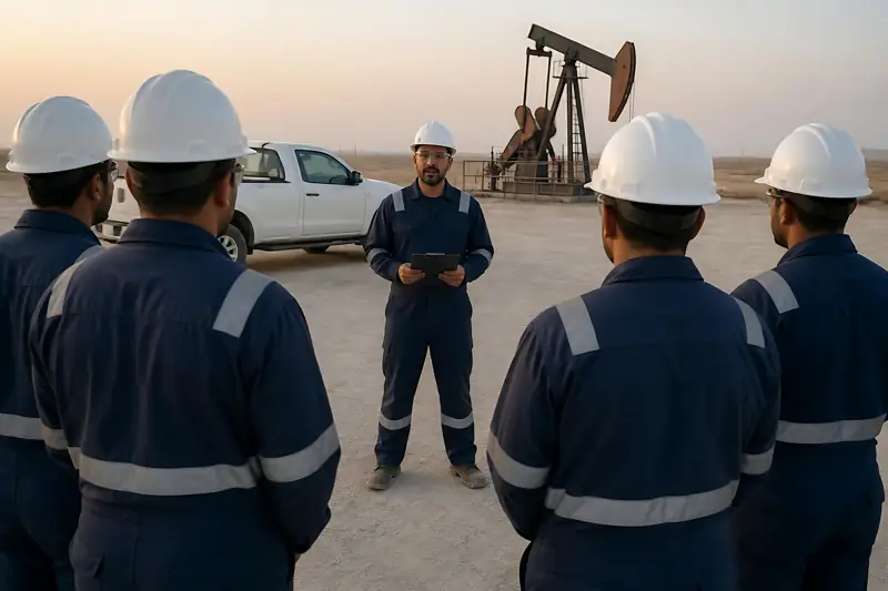 Field crew in hard hats at a safety briefing near a pumpjack
