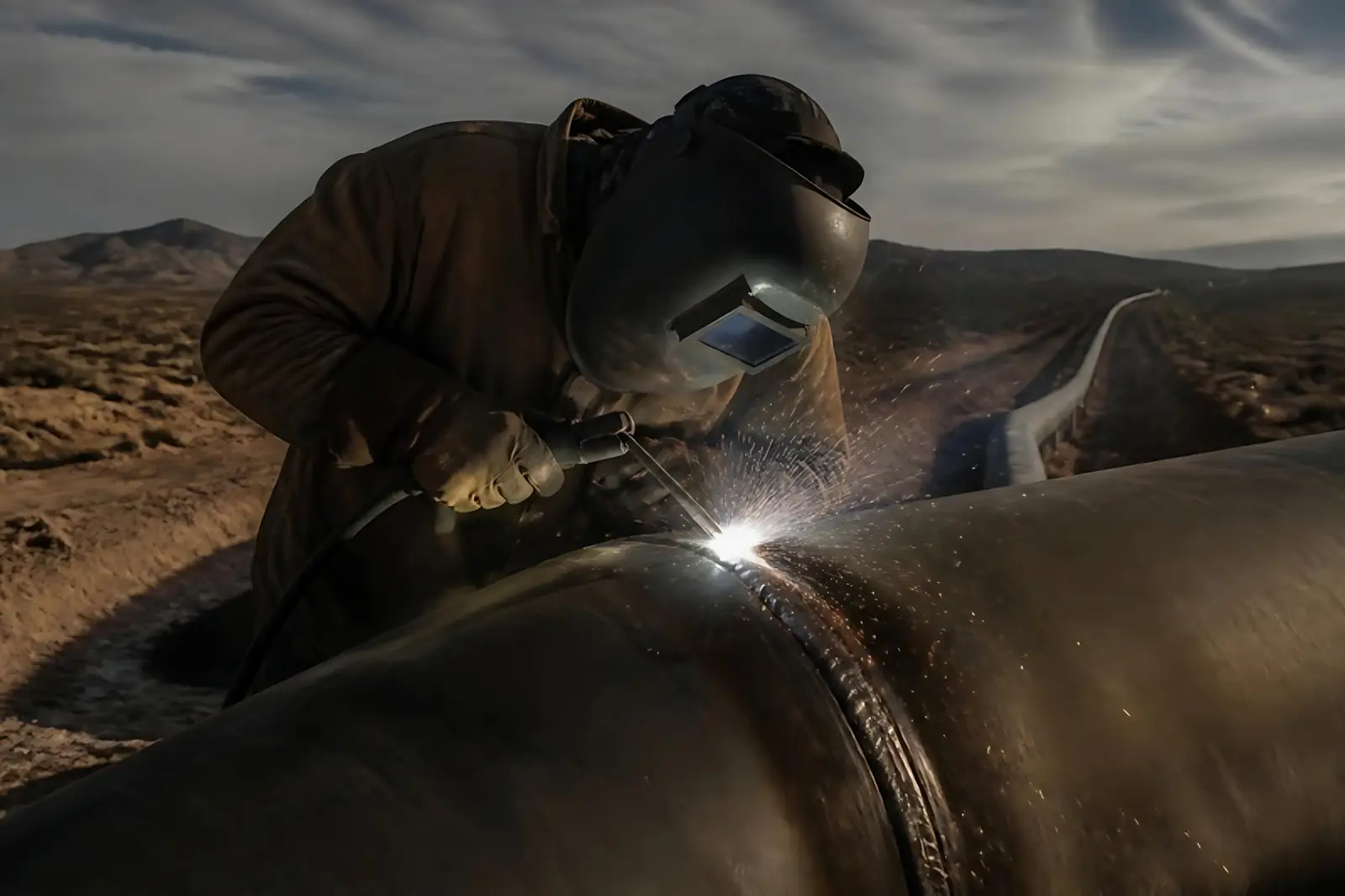 Welder working on a pipeline joint