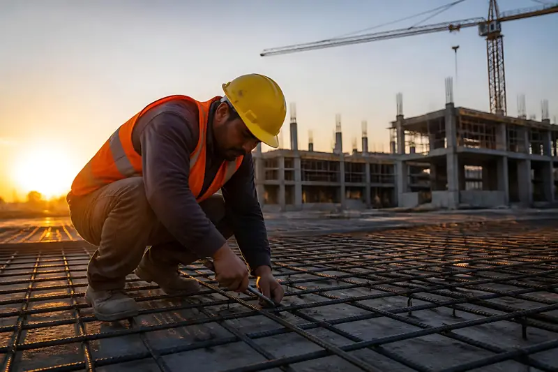 Steel fixer working on reinforcement at a construction site