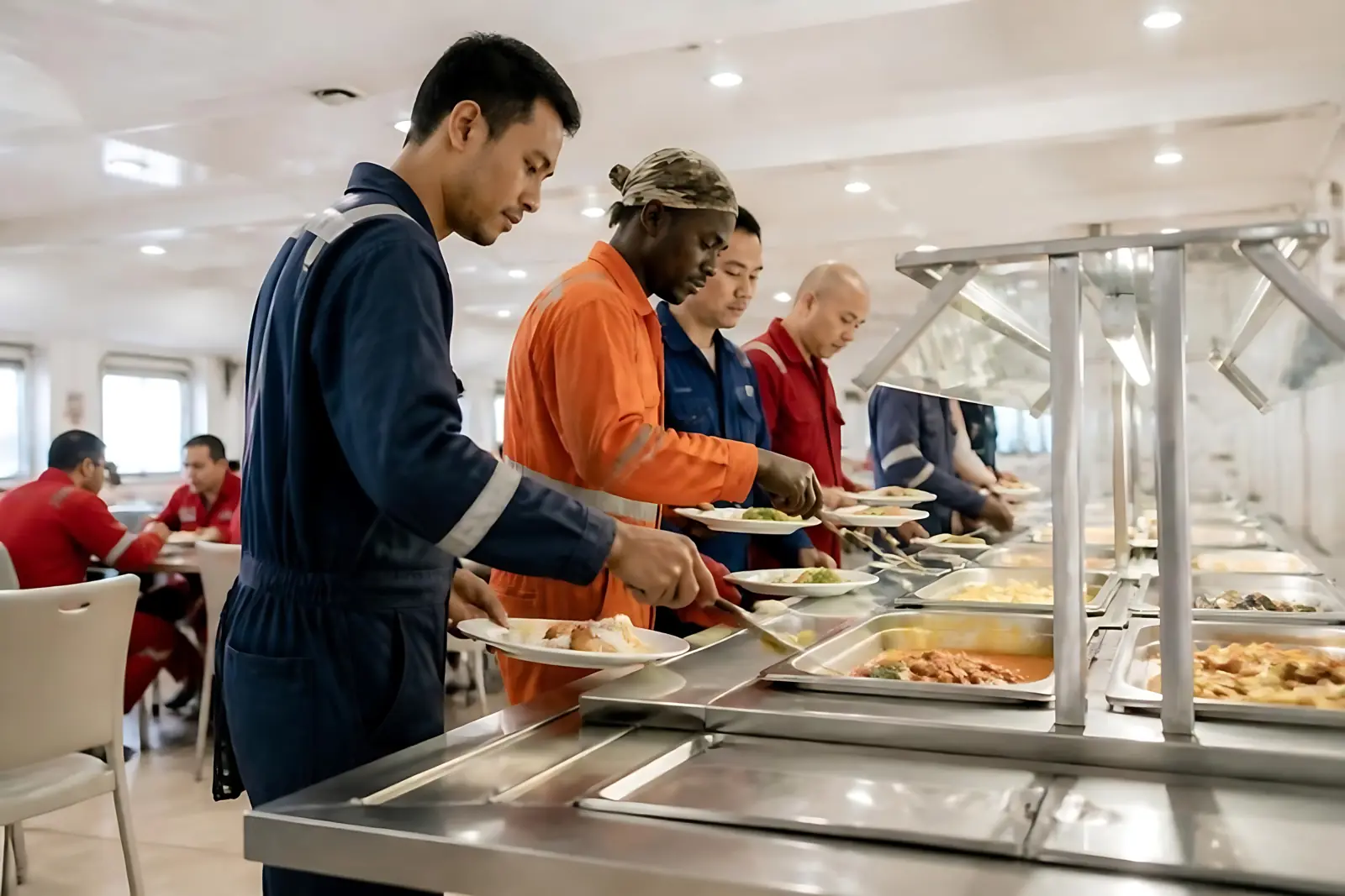 Crew members served at a canteen buffet