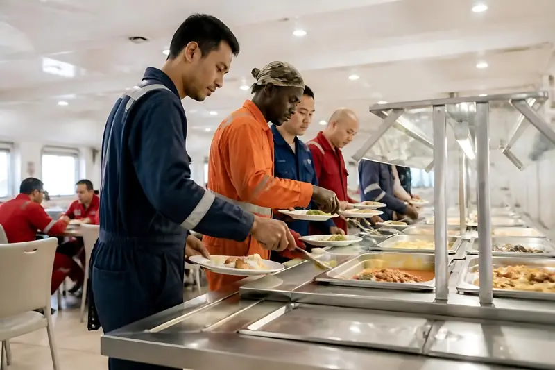 Crew members served at a canteen buffet