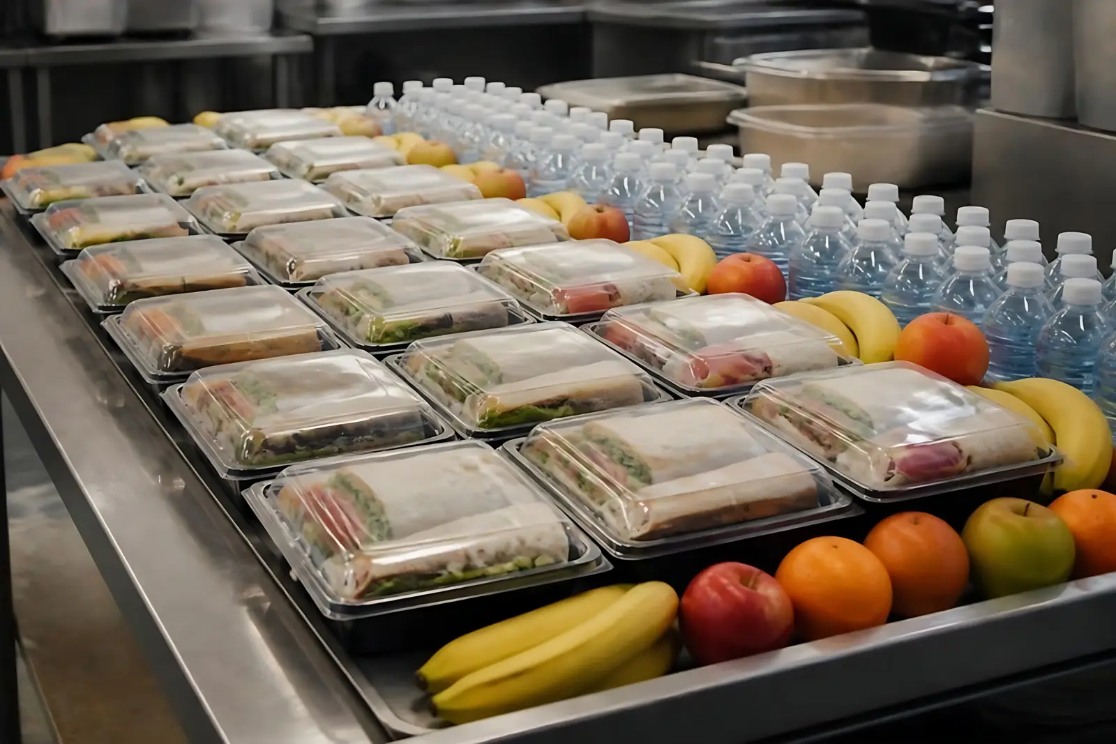 Packed meals, fruit and water prepared for delivery