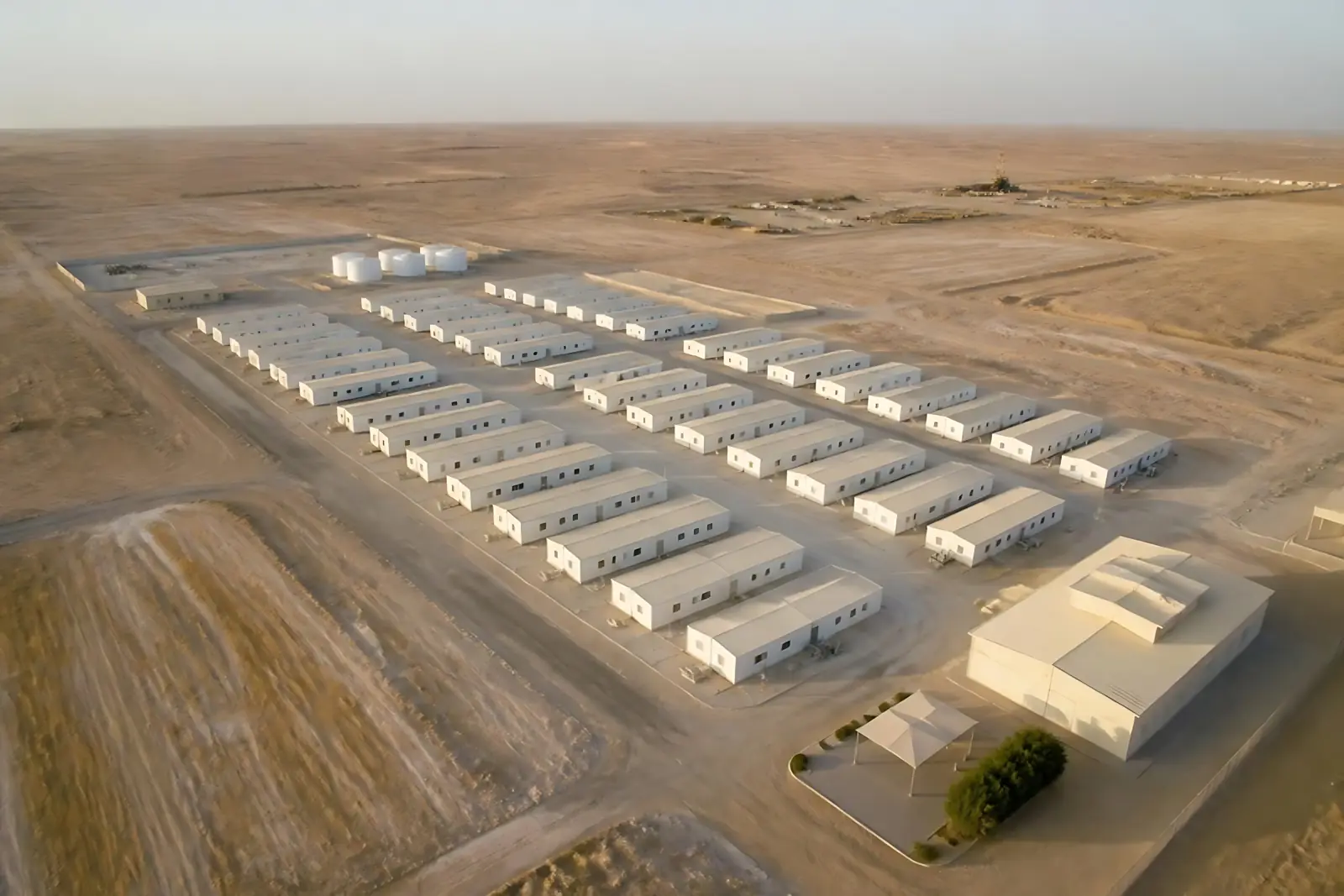 Aerial view of a workforce camp in the desert