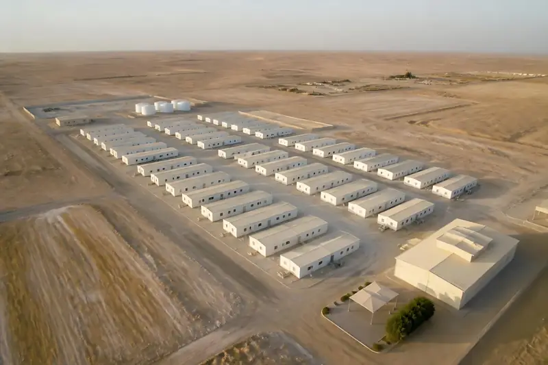 Aerial view of a workforce camp in the desert