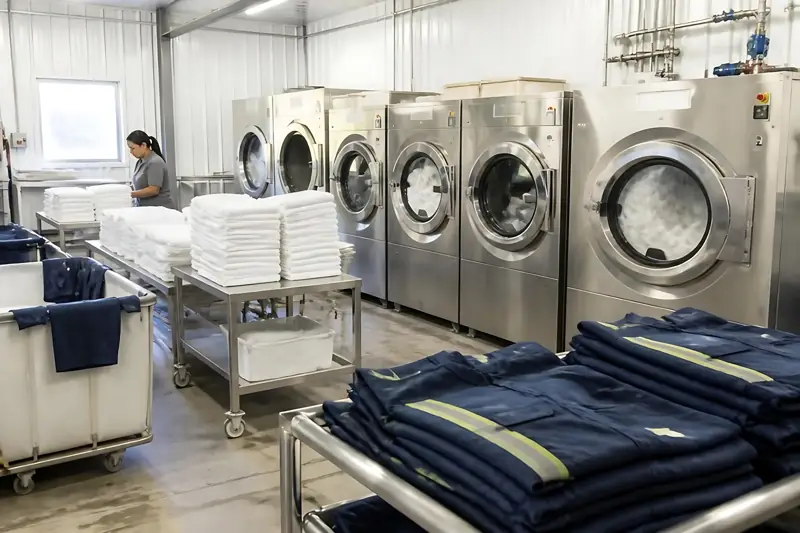 Industrial laundry with washers and folded coveralls
