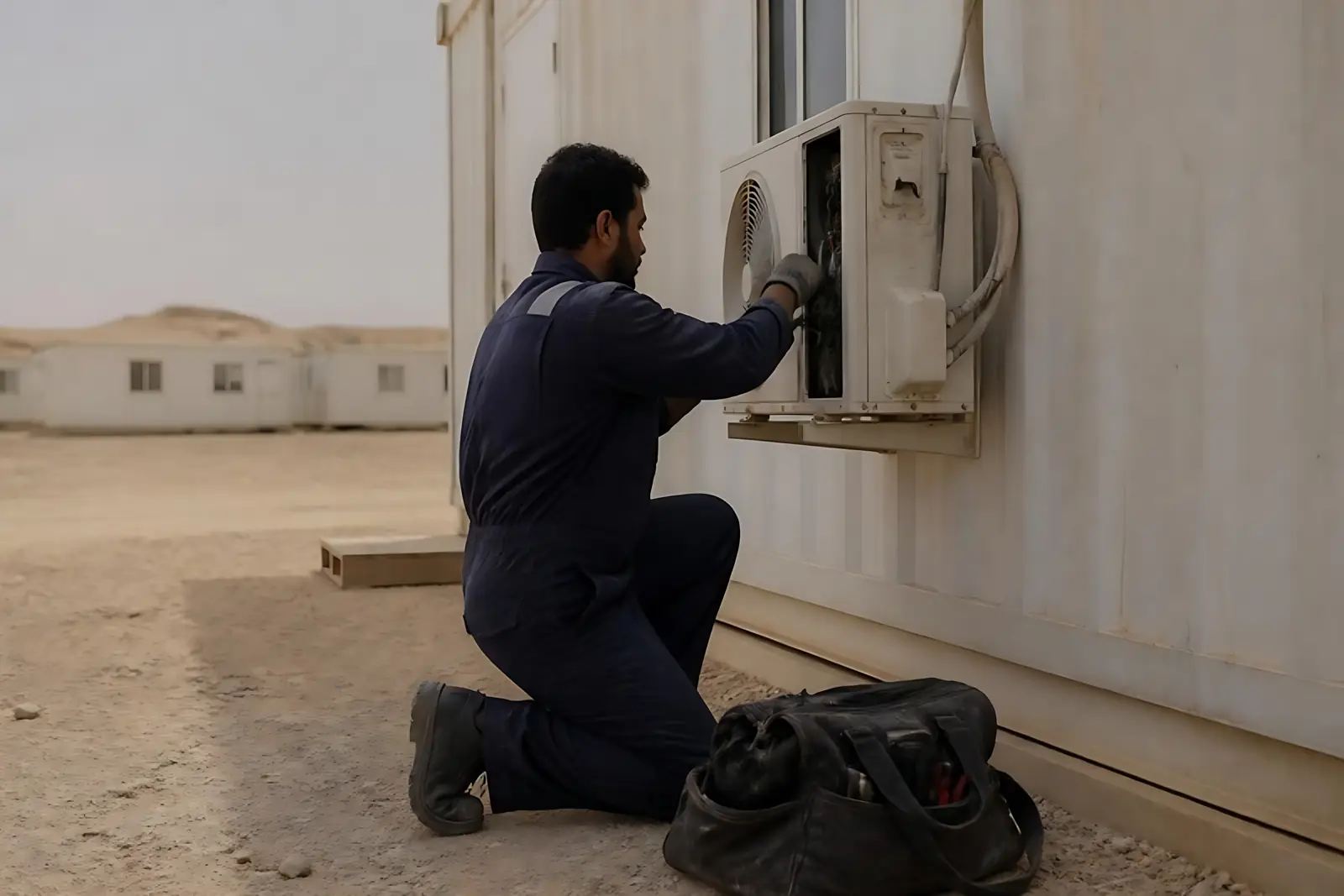 Technician servicing an air conditioning unit