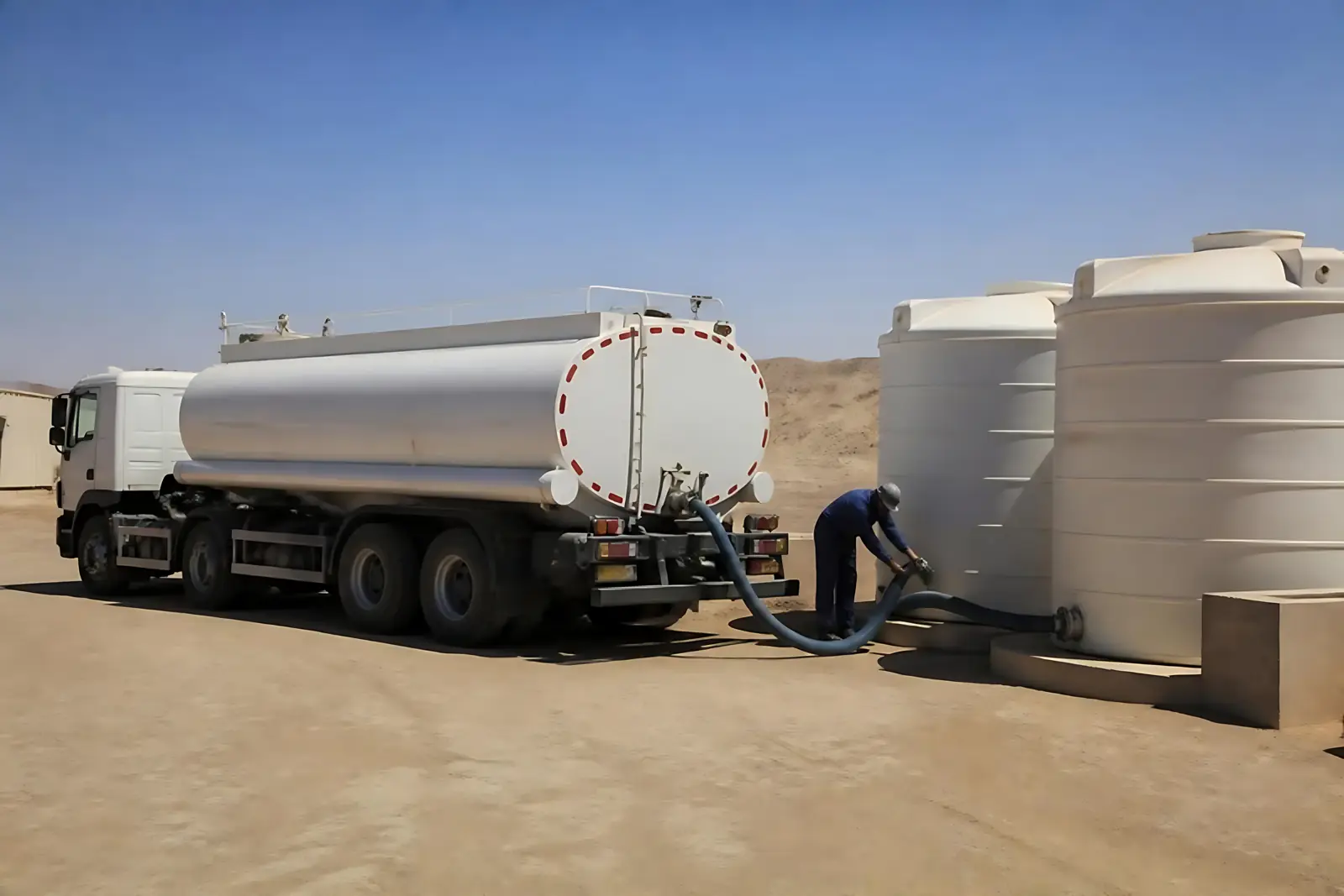 Water tanker delivering to storage tanks