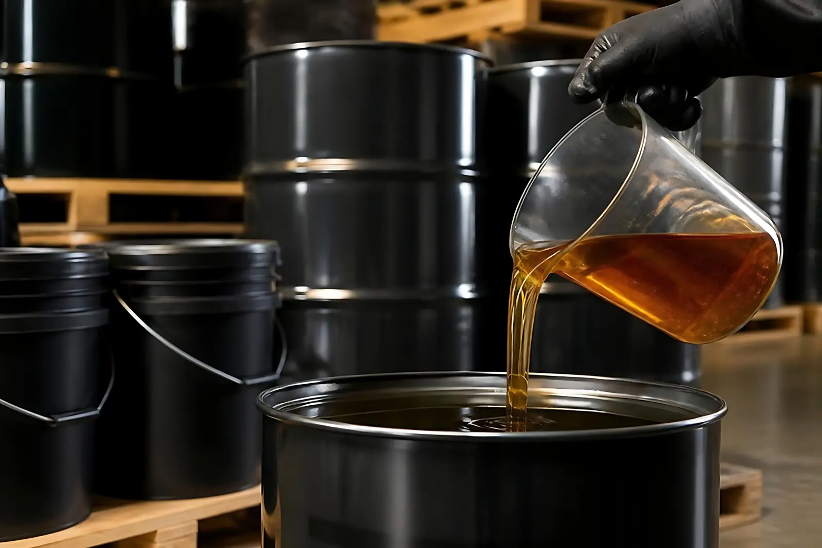 Lubricant being poured beside oil drums