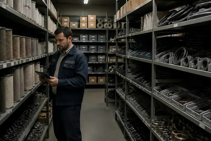Storekeeper checking spare parts on warehouse shelves