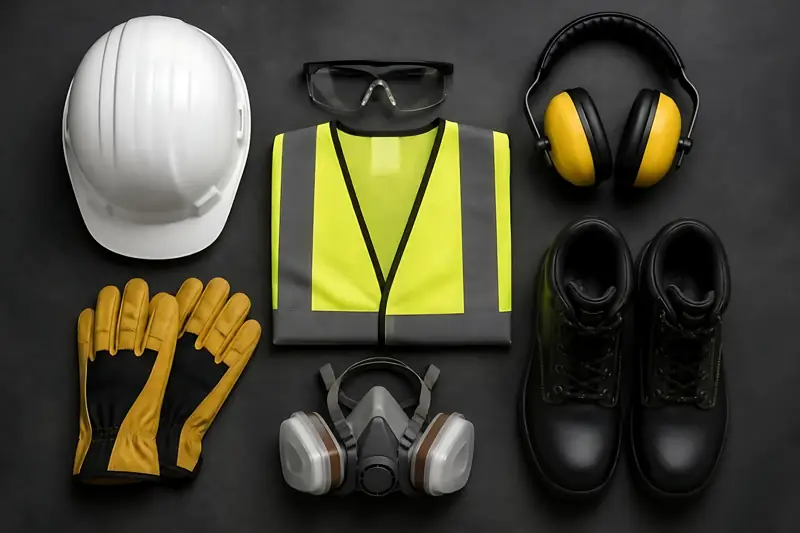Personal protective equipment: hard hat, vest, gloves, boots, ear defenders and respirator