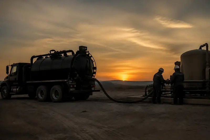 Vacuum truck working on site at sunset