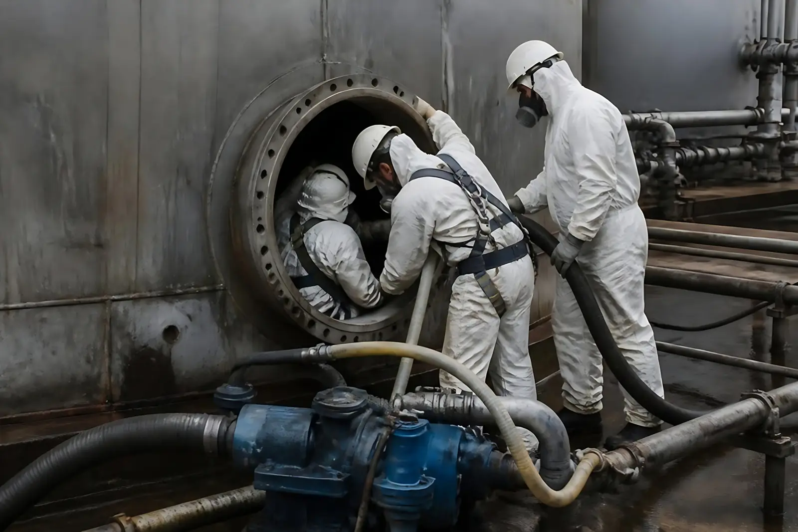 Tank cleaning crew in protective suits at a tank manway