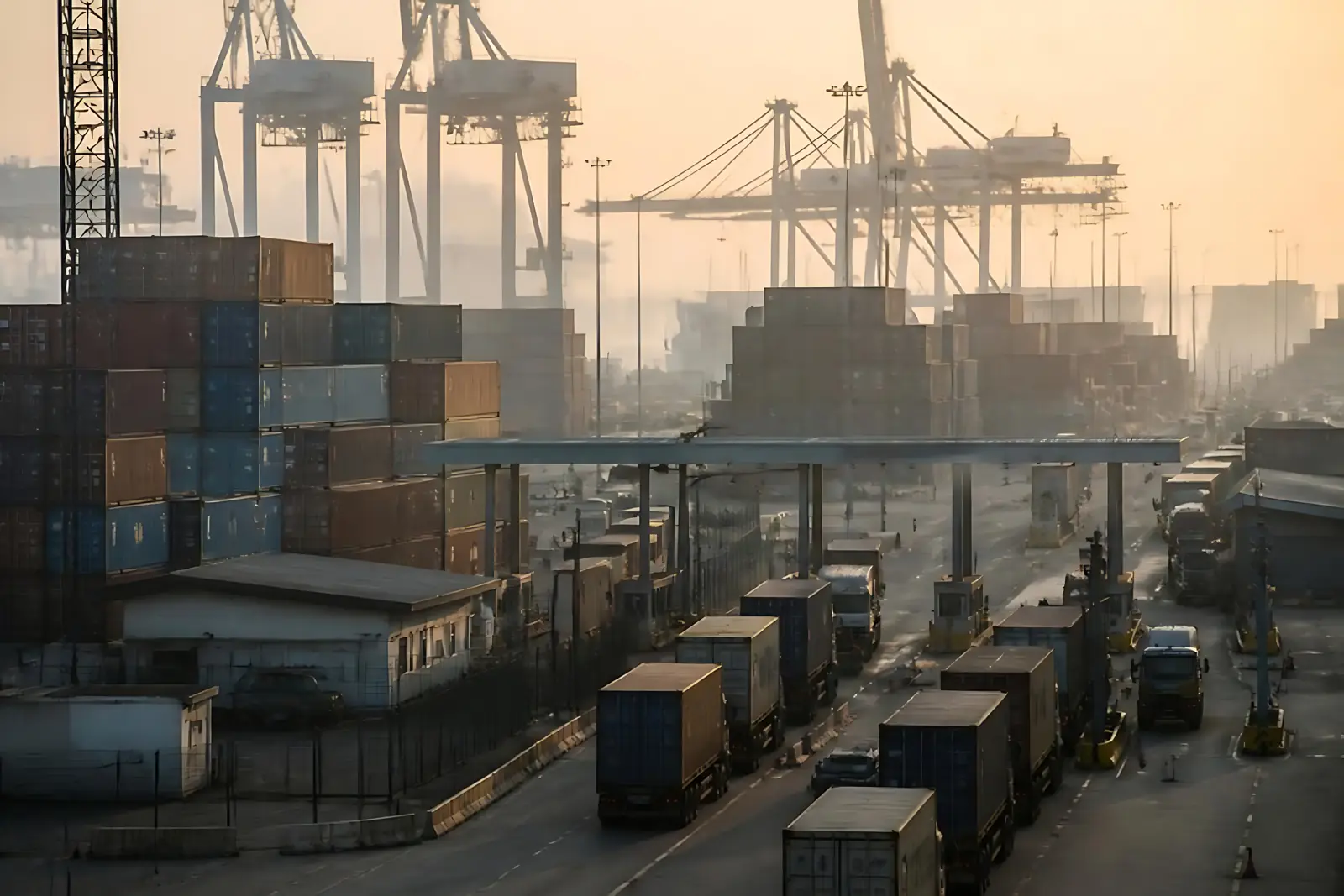 Container port with cranes and stacked containers