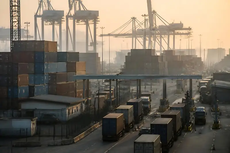 Container port with cranes and stacked containers