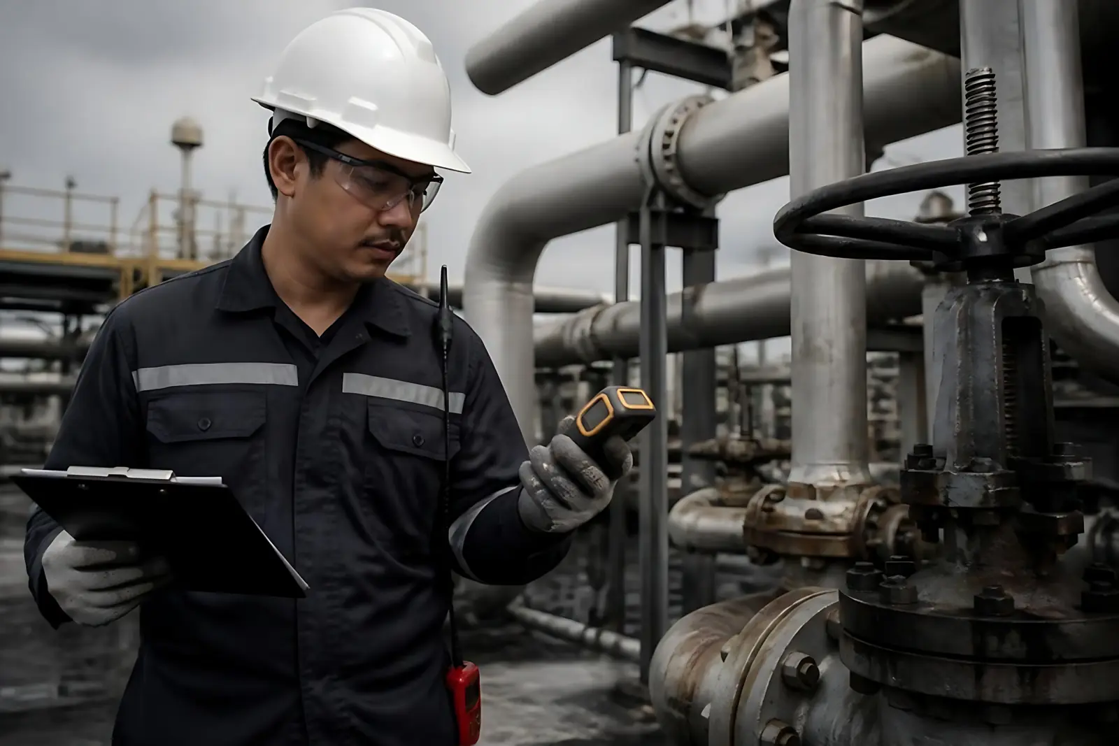 Engineer with a tablet inspecting plant pipework