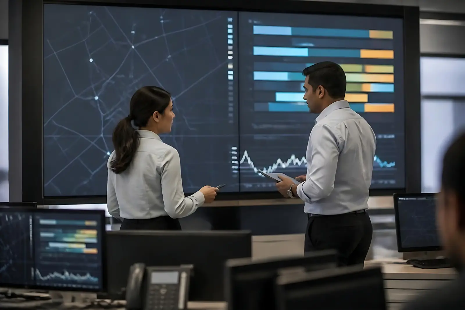 Team reviewing performance dashboards on a screen