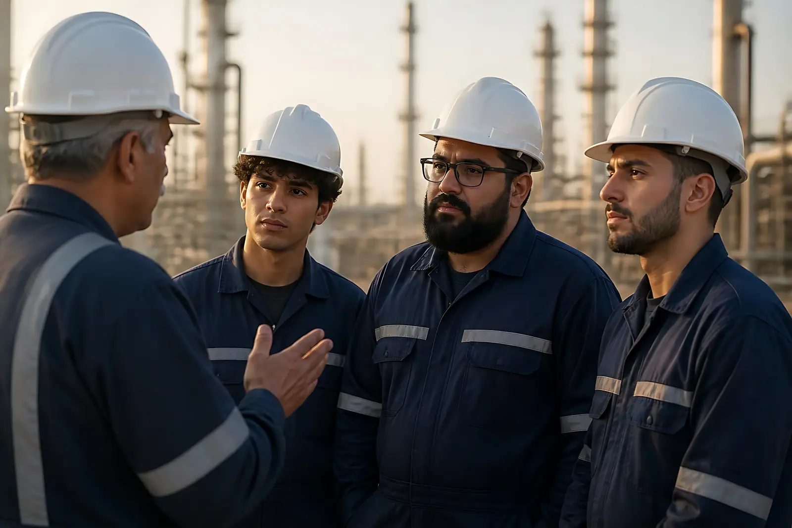 Group of trainees in hard hats at an industrial site
