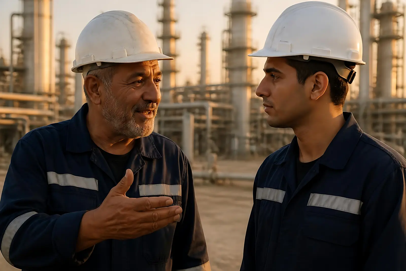 Supervisor briefing a colleague at an industrial plant