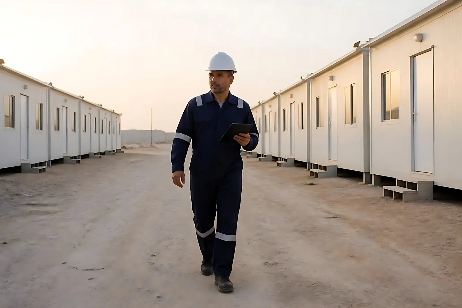 Worker walking between rows of accommodation cabins