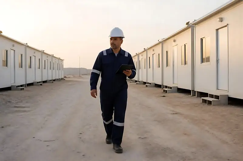Worker walking between rows of accommodation cabins