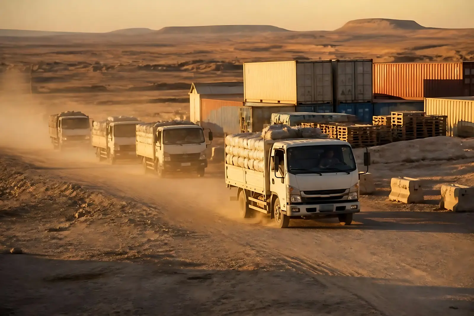 Trucks moving through a supply yard