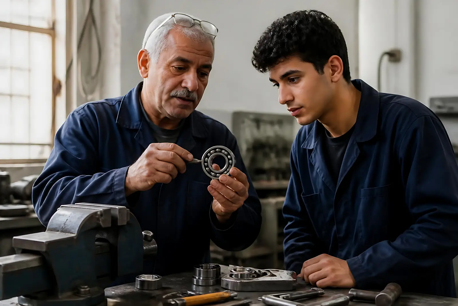 Experienced technician guiding an apprentice in a workshop